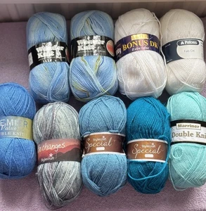 Bundle Of DK/Aran Yarn 9x100g balls Blues/White - Stylecraft,Marriner,Patons Etc - Picture 1 of 11