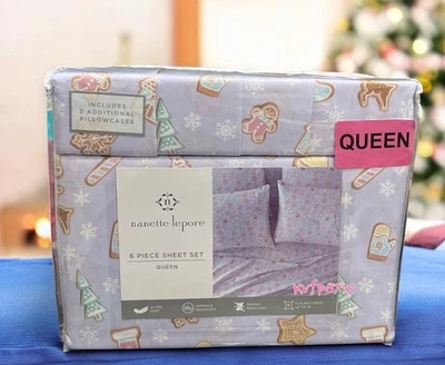 Pastel Purple Shabby Chic Christmas 6 PC Queen Sheet Set Gingerbread Cookies New - Image 1 of 4