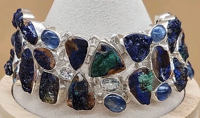 Brazalete DAVID JEFFERY azurita cruda/vidrio de mar/aquamarina/plata de ley 8"  Foto 1 de 4