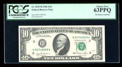 DBR 1981 $10 FRN St. Louis Fr. 2025-H PCGS 63 PPQ Serial H31748929A - Image 1 of 2