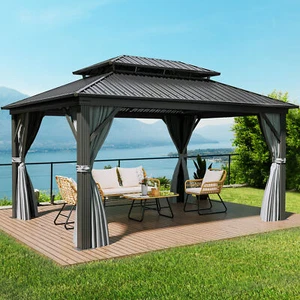 12’x 16’ Hardtop Gazebo Double Roof Heavy Duty Galvanized with Nettings Curtains - Picture 1 of 7