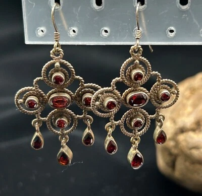 Pendientes granate plata de ley 925 araña ganchos colgantes 2" x 1,25" Foto 1 de 4