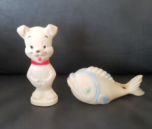Vintage Jolly DOG & FISH White Rubber Squeeze Squeak Squeaker Toy 1960s? 