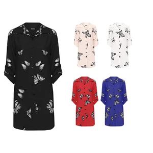 Women's Plus Butterfly Print Shirt Ladies Button Collar Side Slit Curved Hem Top - Picture 1 of 17