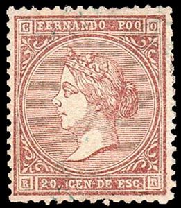 Fernando Poo - Edi o 1 - 1868 - Isabel II - 20 cts. - Buen centraje - Imagen 1 de 1