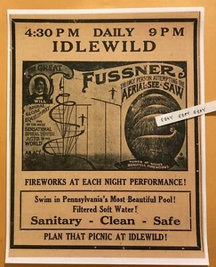 EARLY IDLEWILD AMUSEMENT PARK LIGONIER PA. AERIAL ACT FIREWORKS PICNIC POOL AD - Picture 1 of 4