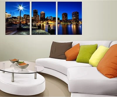 Boston Skyline framed/mounted 3 panel wooden canvas art/Better than stretched Foto 1 de 4