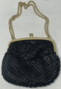 Vintage Walborg Beaded Evening Purse Black Clutch Shoulder Handbag Flapper - Picture 1 of 5