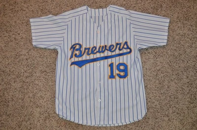 Camiseta deportiva de béisbol a rayas XL de los Milwaukee Brewers Robin Yount #19 cosida de colección de los 90 Foto 1 de 4