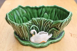 VINTAGE SYLVAC 4394 RIVERSIDE SWAN PLANTER VASE GREEN CERAMIC POTTERY - Picture 1 of 13