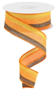 Cinta a rayas 3 en 1, mostaza oscura/naranja/marrón, arpillera real, borde con cable, 1,5" W - Imagen 1 de 2