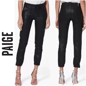 NWT PAIGE | SZ 23 | Mayslie Joggers Black Luxe Coated Cropped Jeans - Picture 1 of 9