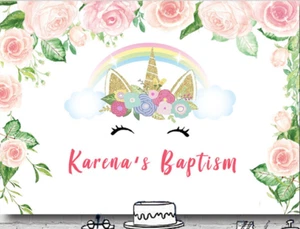 UNICORN WHITE FLOWERS PERSONALISED BIRTHDAY PARTY BANNER BACKDROP DECORATION - Picture 1 of 4