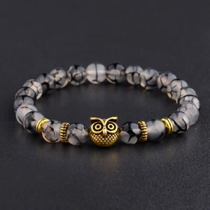 Gold Owl Beads Bracelets 8mm Crack Dragon's Vein Agate Women Men Jewelry Gifts - Picture 1 of 5