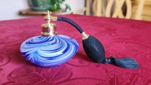 Vintage Blown Glass Blue Swirl Perfume Bottle with Spray Atomizer Gorgeous - Picture 1 of 6