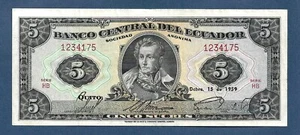 (DN) Ecuador 5 Sucres 1959 P-100a EF - Picture 1 of 2