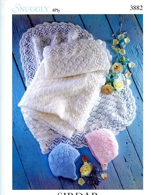 Shawl, Baby Bonnet & Helmet Knitting Pattern Sirdar Snuggly 4Ply #3882 - Image 1 of 2