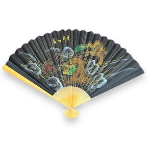 Vintage X-Large 36” Painted Folding Wall Fan Wall Art Asian Dragon Cloud Gold - Picture 1 of 6