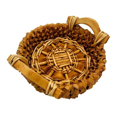 "Pequeña cesta redonda tejida de mimbre jacinto de agua con asas de madera 9"" por 2,5""" Foto 1 de 4