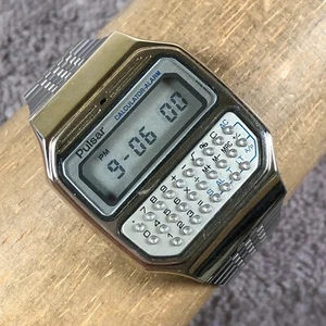 Vintage Pulsar Men Y739-5019 Calculator-Alarm Silver Tone Quartz Watch 7 1/2" - Picture 1 of 13