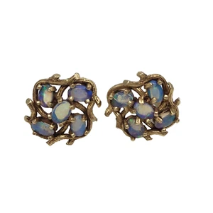 14K Opal Earrings Multi Stone Cluster Round Brutalist Style Clip On Vintage - Picture 1 of 10
