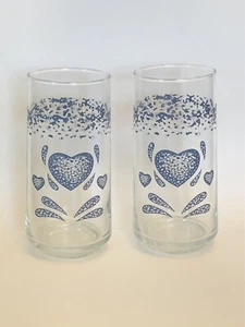 2 Corelle Corning Sponge Blue Hearts Drinking Tumbler Glasses 6" Replacements VG - Picture 1 of 5
