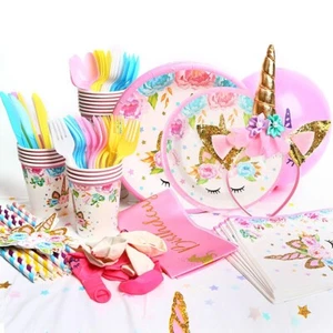 Unicorn Birthday Party Decoration Supplies Set & Tableware Kit -Serves 16 - Picture 1 of 7