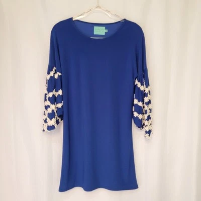 Judith March Royal Blue Bell Sleeve Dress Above Knee Crochet Accents Lined Sz S  - Image 1 of 4