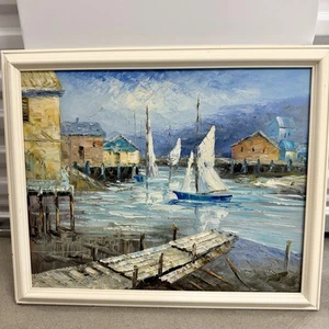 Beautiful Vintage Framed Oil Painting Harbor Scene At Dockside Unsigned 22”x18” - Picture 1 of 7