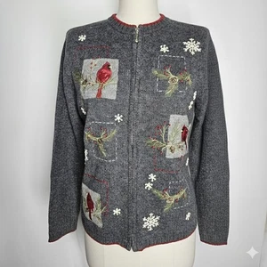 Croft & Barrow Size M Cardigan Sweater Embroidery Cardinals Grey Full Zipper - Picture 1 of 11