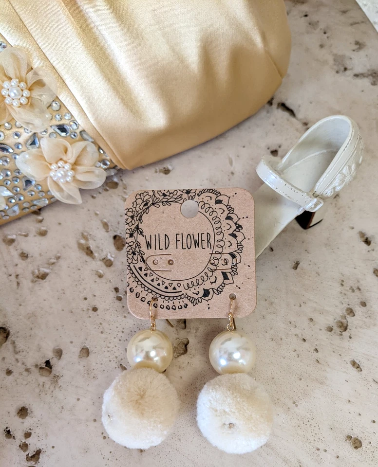Wild Flower Earrings Women's Dangle Pom Pom Ivory Gold Tone Elegant Accessories - Image 1 of 1