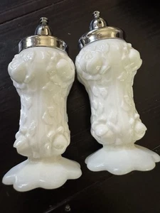 Fenton Handmade Cabbage Rose Solid White Milk Glass Salt & Pepper Shakers w/Tag - Picture 1 of 7