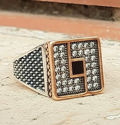 ANELLO ARGENTO  925 UOMO  sigillo Ring Sterling Man Zirconi Taglio Brillante $  - Immagine 1 di 4