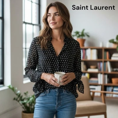 Saint Laurent YSL Black & Beige Dot Blouse Size 44- 12 - Image 1 of 4