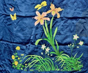 207CM Chinese Silk Embroidery Panel Tablecloth Textile Butterfly Orchid Tassel - Picture 1 of 21