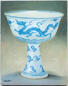 Beautiful Oil Painting of Fine Ming Dynasty Chinese Stem Cup Blue & White Dragon - Picture 1 of 8