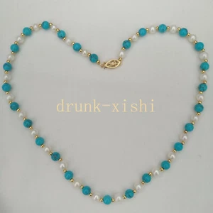 19 inches Elegant Turquoise And Akoya White Pearl Necklace 14k Gold P - Picture 1 of 8