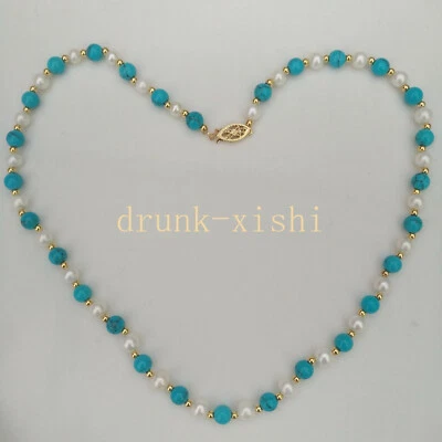 19 inches Elegant Turquoise And Akoya White Pearl Necklace 14k Gold P - Image 1 of 4