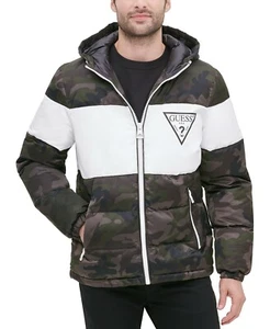 GUESS NWT Size Small Mens Color Block Hooded Puffer Jacket Coat Camouflage White - Picture 1 of 4