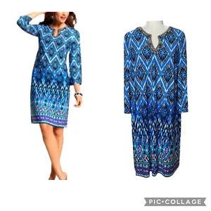 CHICO's Sz 3 Or 16 Lexi Dress Blue Embellished Border Geometric Beaded Stretchy - Picture 1 of 9