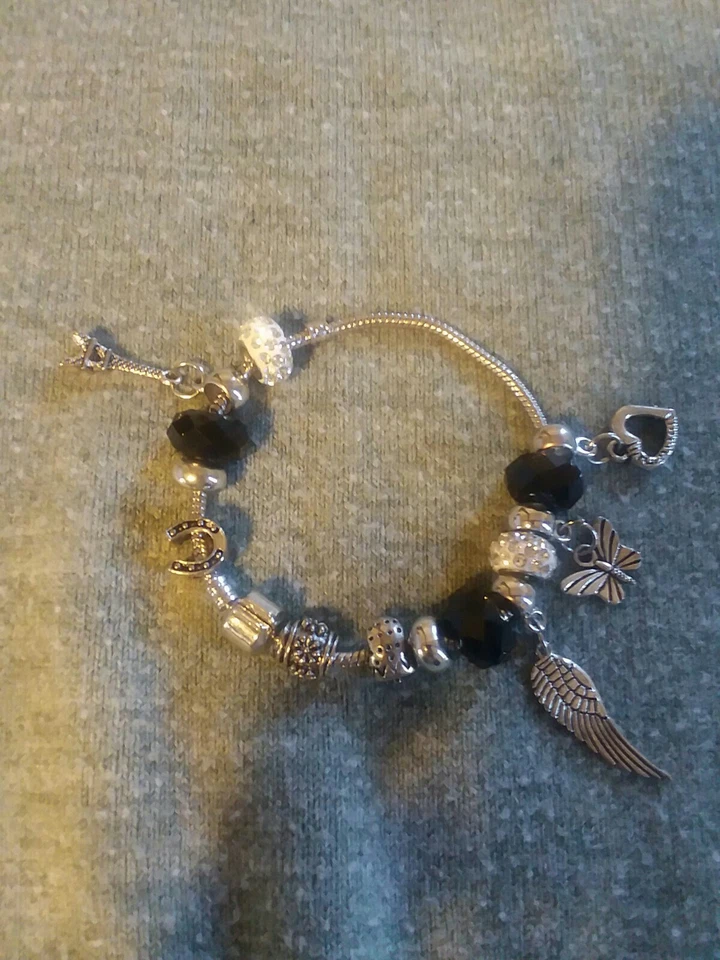 Charm Bracelet, Silver Tone, Butterfly,  Wing, Heart,  Horse Shoe, ... - Image 1 of 4