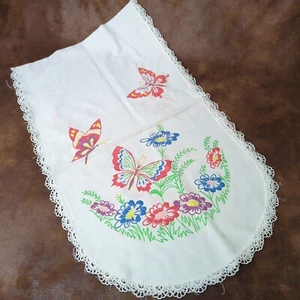 Butterfly Table Runner Embroider White Cotton Flowers Vintage 40x12 Floral - Picture 1 of 4