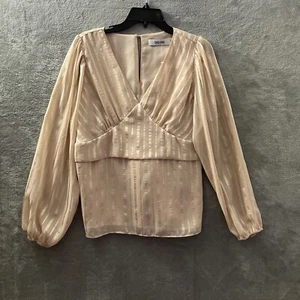 Do+Be Blouse Top Womans Medium Striped Beige Long Sleeve V Neck Layered Tie - Picture 1 of 9