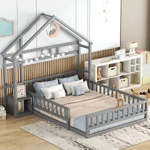 Bodenbett Doppelbett 140x200 Kinderbett Hausbett mit Nachttisch & Rausfallschutz - Bild 1 von 11