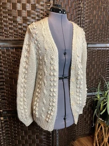 Vintage Pompom Popcorn Knit Fuzzy Cardigan Sweater Oatmeal Tan Beige Button Up L - Picture 1 of 16