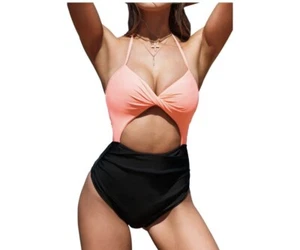 CUPSHE Women's Black And Peache Halter Cutout High Waist One Piece Swimsuit L - Picture 1 of 4