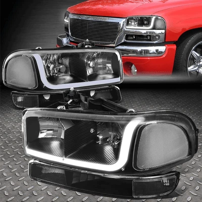 For 99-07 GMC Sierra 1500 2500 3500 LED DRL Black/Clear Headlights+Bumper Lamps - Image 1 of 4