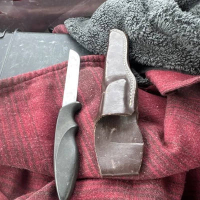 Vintage Gerber  “shorty” Model Black Armorhide Handle And Leather Sheath  - Image 1 of 4