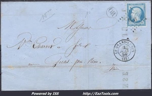 FRANCE N°14A SUR LETTRE PC 1433 LE GRAND LEMPS ISERE + CAD DU 04/06/1858 - Picture 1 of 2