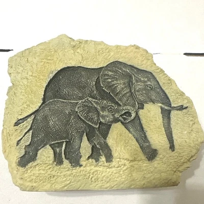 Elephant Resin Decor Engraved Safari Animal with Baby Elephant.  - Image 1 of 4